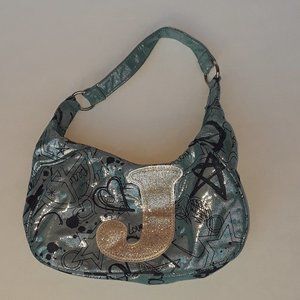 Justice blue bag with silver J initial 10x5x3